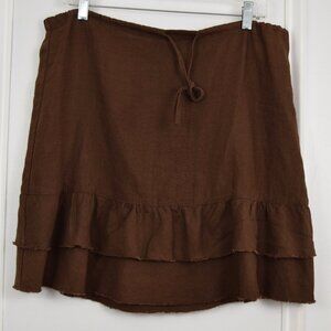 Old Navy Linen Skirt Women 12 Brown Midi Tier Ruffle Hemline Drawstring Waist